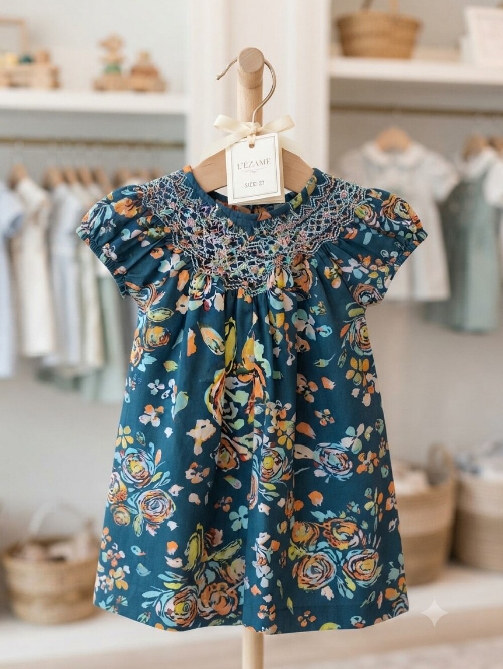 Le’Za Me Floral Smocked Yoke Dress 2T Blue Orange Watercolor​
